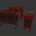 Set of Vintage Wooden Dressers With Red Upholstered Tops And Carved Legs