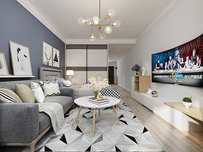 Modern Apartment Living Room with Gray Sofa Geometric Rug Decorative Paintings and Chandelier 3d model
