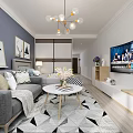 Modern Apartment Living Room with Gray Sofa Geometric Rug Decorative Paintings and Chandelier