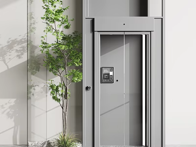 Modern Indoor Landscape With Gray Elevator Door Green Tree And Light Wall 3d model