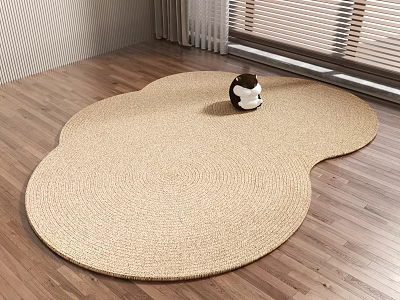 Beige Irregular Shaped Rug On Wooden Floor By Window With Cat Figurine 3d model