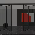 Modern Glass Folding Doors in Interior Space with Marble Floor and Red Artwork