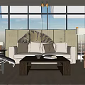 Modern Beige Sofa and Coffee Table Set with Accent Pillows Decor Large Windows City View 3d model
