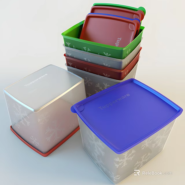 Tupperware Stackable Storage Containers With Green Red Silver Blue Lids And Snowflake Patterns 3d model 