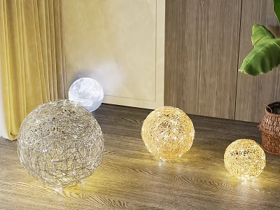 Spherical Woven Floor Lamps In Three Sizes On Wooden Floor With Curtain And Green Plant 3d model