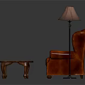 Red Leather Tufted Armchair With Wooden Coffee Table And Floor Lamp