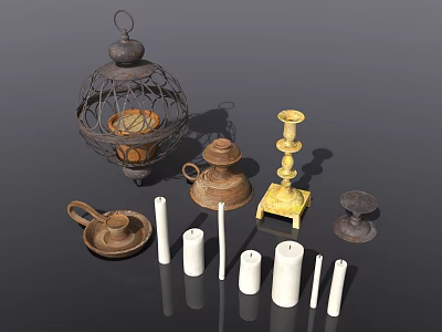 Old objects in oil lamps and candles 3d model