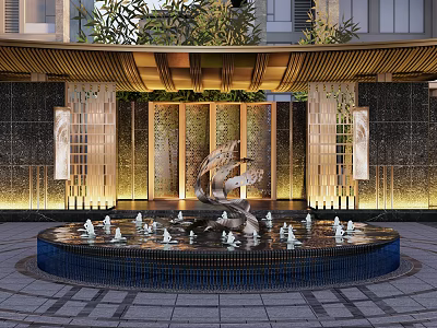 Elegant Entrance Gate With Central Water Fountain Sculpture Decorative Columns Lighting And Greenery 3d model