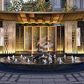 Elegant Entrance Gate With Central Water Fountain Sculpture Decorative Columns Lighting And Greenery