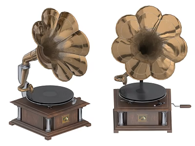 Vintage Musical Phonographs With Brass Horns Wooden Base And Decorative Design 3d model