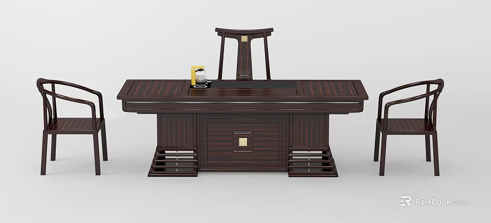 Dark Solid Wood Chinese Style Tea Table with Drawer and Matching Chairs 3d model