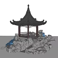 Traditional Chinese Style Pavilion With Black Roof And Rockery Water Feature