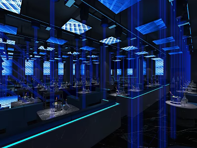 Modern High End Bar Interior With Blue Lighting Mirrored Decor And Bar Counter Tables Chairs 3d model