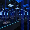 Modern High End Bar Interior With Blue Lighting Mirrored Decor And Bar Counter Tables Chairs