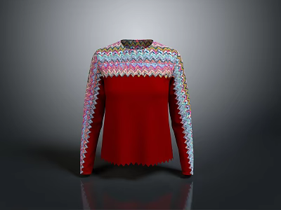 Stylish Red Sweater With Colorful Knit Collar Sleeves And Zigzag Edges 3d model