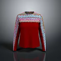 Stylish Red Sweater With Colorful Knit Collar Sleeves And Zigzag Edges