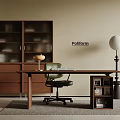 Modern Study Room Interior With Wooden Desk Green Office Chair And Glass Door Bookshelf