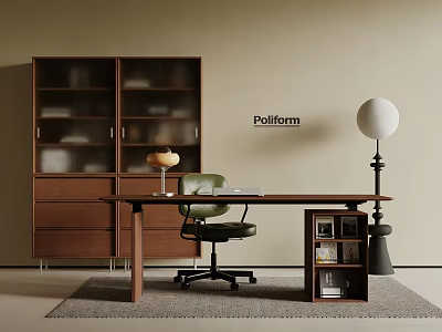 Modern Study Room Interior With Wooden Desk Green Office Chair And Glass Door Bookshelf 3d model