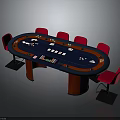 Stylish Poker Table With Red Chairs Chips And Playing Cards On Blue Felt Surface