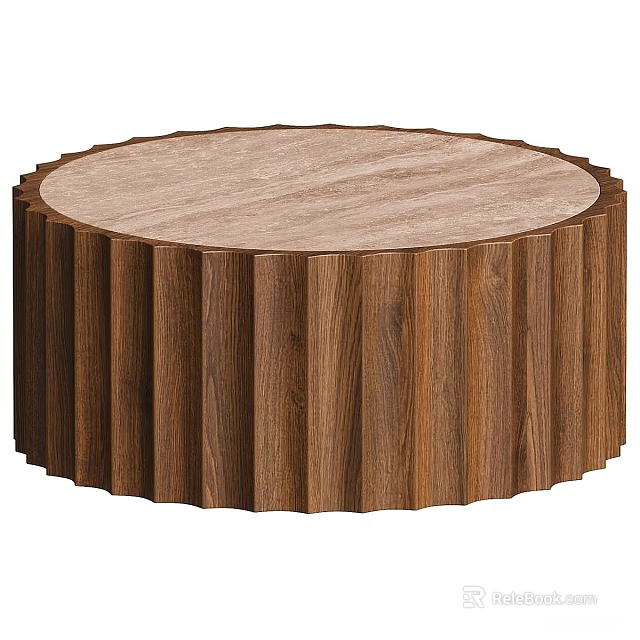 Round Wooden Coffee Table With Fluted Design And Light Colored Top 3d model 