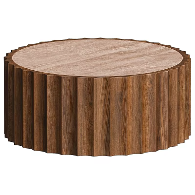 Round Wooden Coffee Table With Fluted Design And Light Colored Top 3d model