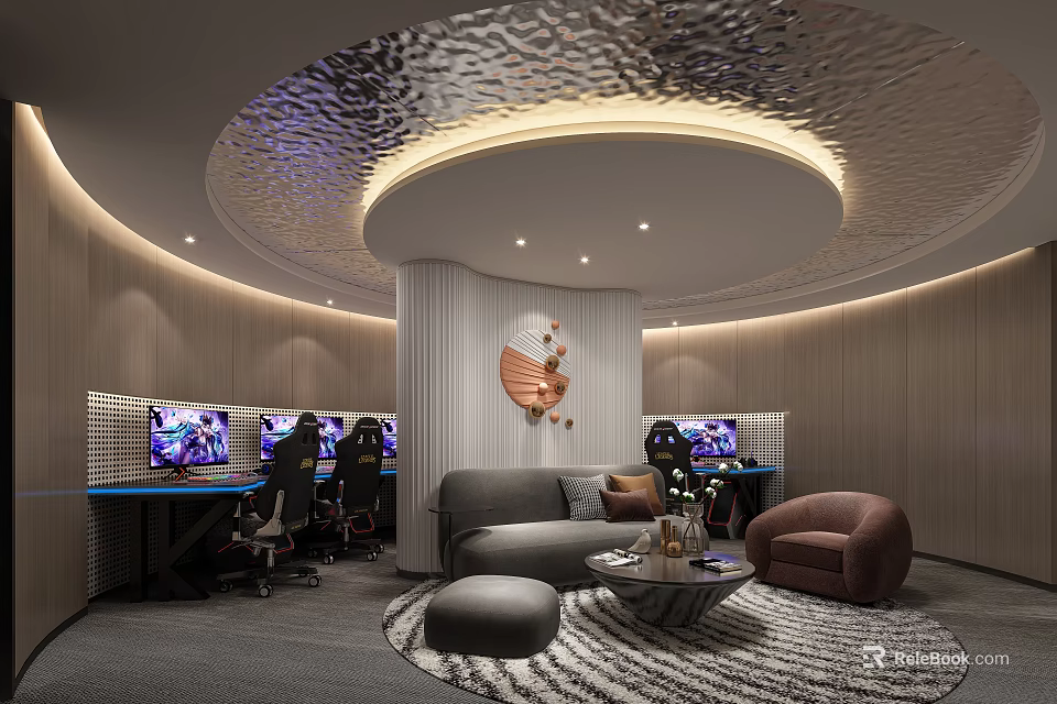 Hotel Guest Room With Circular Corrugated Ceiling Ambient Lighting Decorative Column Workstations And Sofa Seating 3d model 