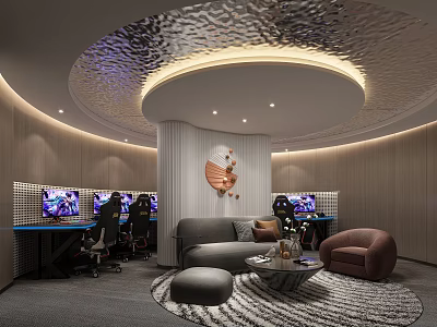 Hotel Guest Room With Circular Corrugated Ceiling Ambient Lighting Decorative Column Workstations And Sofa Seating 3d model