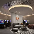 Hotel Guest Room With Circular Corrugated Ceiling Ambient Lighting Decorative Column Workstations And Sofa Seating