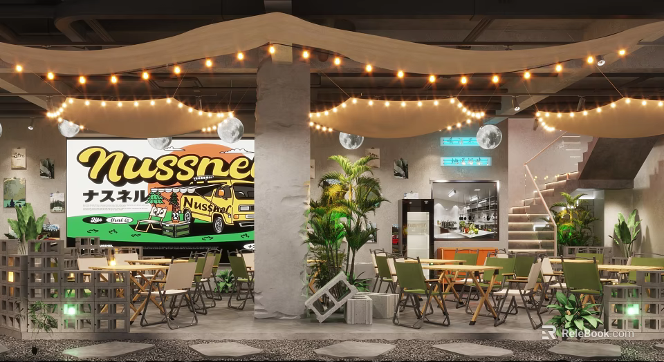 Casual Restaurant Interior Featuring String Lights Wooden Tables Green Plants And Vintage Car Sign 3d model 