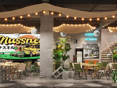Casual Restaurant Interior Featuring String Lights Wooden Tables Green Plants And Vintage Car Sign 3d model