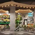 Casual Restaurant Interior Featuring String Lights Wooden Tables Green Plants And Vintage Car Sign