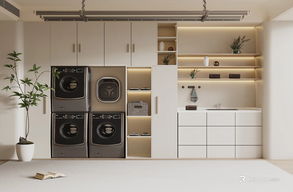 Modern Laundry Room With White Cabinets Shelves Washing Machines Dryers And Plant 3d model 