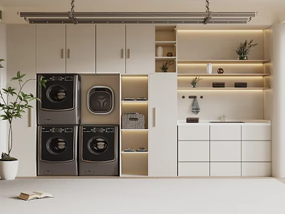 Modern Laundry Room With White Cabinets Shelves Washing Machines Dryers And Plant 3d model