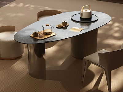 Modern Oval Tea Table And Chairs With Metal Legs And Teapot On Tray 3d model