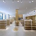 Retail Store Interior Featuring Wooden And Metal Shelves Display Tables And Ceiling Lighting