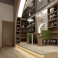 Warm Book Art Store Interior Design With Wooden Bookshelves Reception Desk And Hanging Green Plants