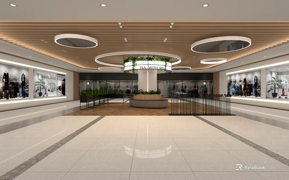Modern Shopping Mall Interior With Circular Ceiling Greenery And Retail Display Windows 3d model 