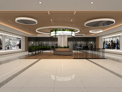 Modern Shopping Mall Interior With Circular Ceiling Greenery And Retail Display Windows 3d model