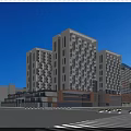 Modern Commercial Street Scene With High Rise Buildings Vehicles And Pedestrians