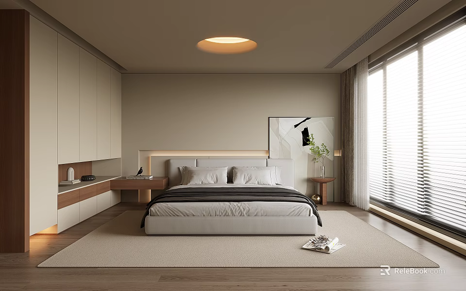 Modern Bedroom Interior With Beige Cabinets Round Ceiling Light Large Bed And Window 3d model