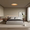 Modern Bedroom Interior With Beige Cabinets Round Ceiling Light Large Bed And Window 3d model