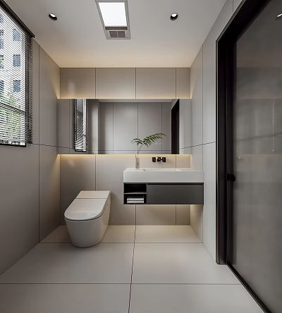 Modern Bathroom Interior with White Toilet Vanity Green Plant Mirror and Light Gray Walls 3d model