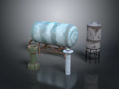 Large Turquoise Rusty Metal Tank on Stand with Small Grayish White Tank and Pedestals 3d model