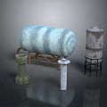 Large Turquoise Rusty Metal Tank on Stand with Small Grayish White Tank and Pedestals