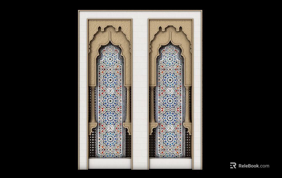 Elaborate Symmetrical Architectural Components With Colorful Mosaic Geometric Patterns And Light Frames 3d model 