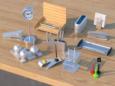 Office Stationery Collection With Clock Pen Holder Stapler And Paper Clips On Wooden Desk 3d model
