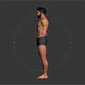 Shirtless Man Standing with Arms Outstretched in Black Shorts Against Dark Background with Reflective Floor
