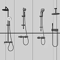 Modern Black Shower Systems With Rainfall Showerhead Handheld And Control Valves On White Wall