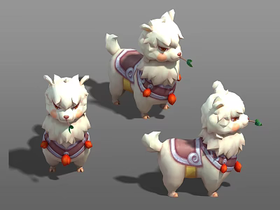 Three Cute Cartoon Alpaca Figures With White Fur Purple Saddle Red Ornaments And Green Leaves 3d model