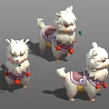Three Cute Cartoon Alpaca Figures With White Fur Purple Saddle Red Ornaments And Green Leaves